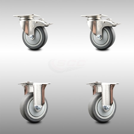Service Caster 4 Inch 316SS Thermoplastic Rubber Swivel Plate Caster Lock Brake 2 Rigid, 2PK SCC-SS316TTL20S414-TPRB-2-R-2